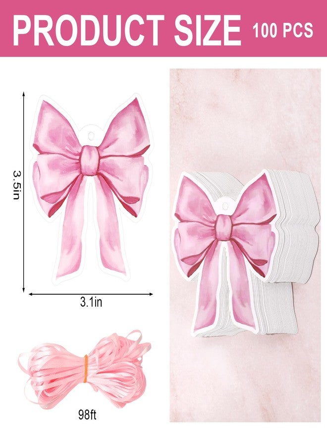 JarThenaAMCS مجموعة جارثينا إيه إم سي إس، ١٠٠ قطعة من بطاقات هدايا على شكل فيونكة وردية، بطاقات ورقية معلقة بفيونكة مائية مع خيط من الحرير، بطاقات شكر، مثالية لتغليف هدايا عيد الحب وأعياد الميلاد، ولوازم حفلات التوزيعات. - Image 2